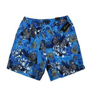 INC Mens Zebra Print Mesh-Lined Quick-Dry 5" Swim Trunks Blue S